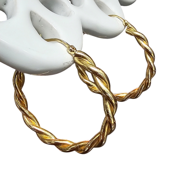 Vintage 14k Gold Twisted Rope Hoop Earrings 40mm - Picture 8 of 16